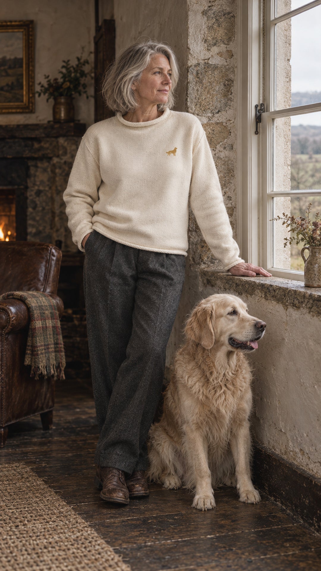 Golden Heritage Sweater, Natural, styled with a golden retriever