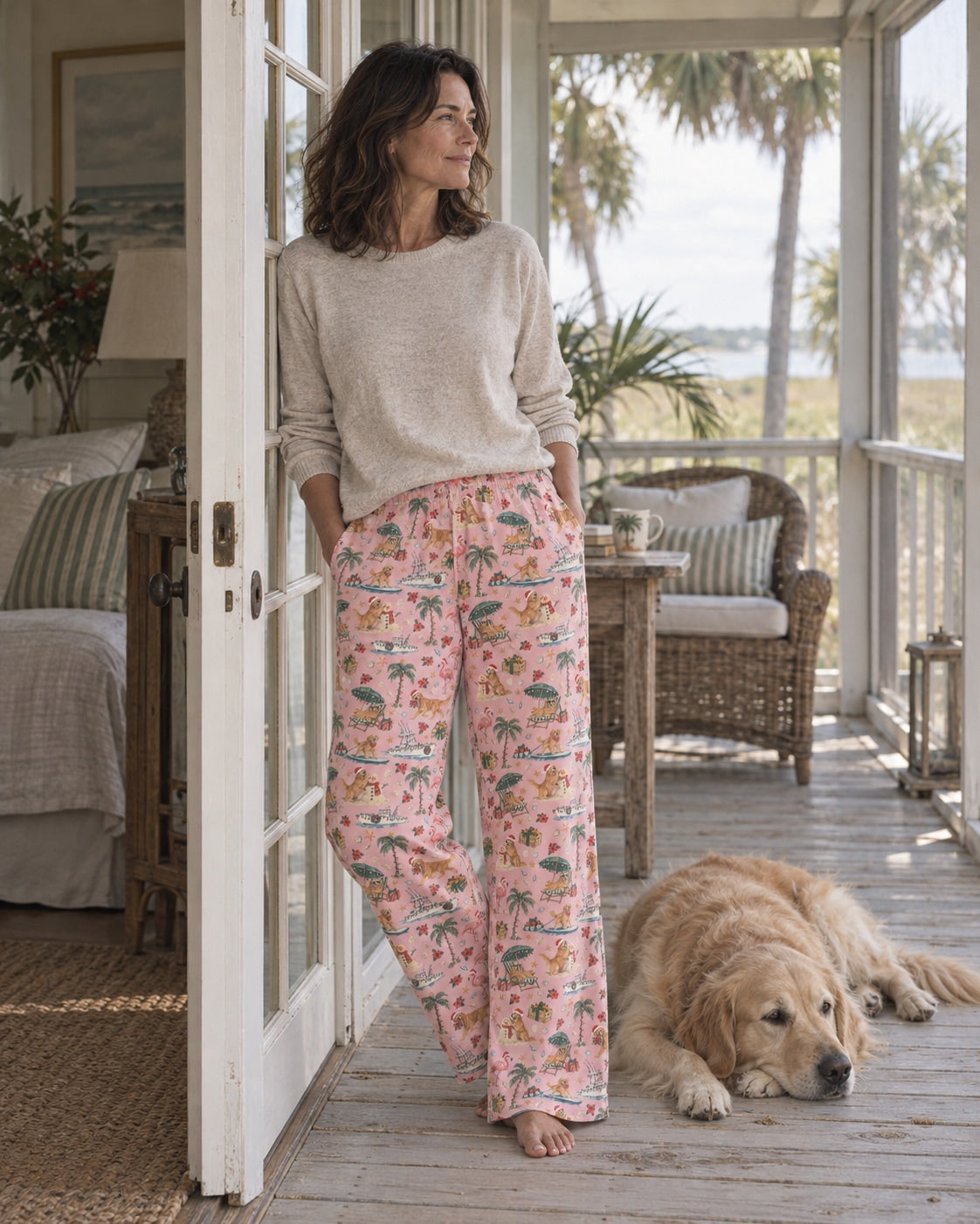 sunshine state santa wide leg pajama pants styled in a candid Life Is Golden heritage lifestyle scene