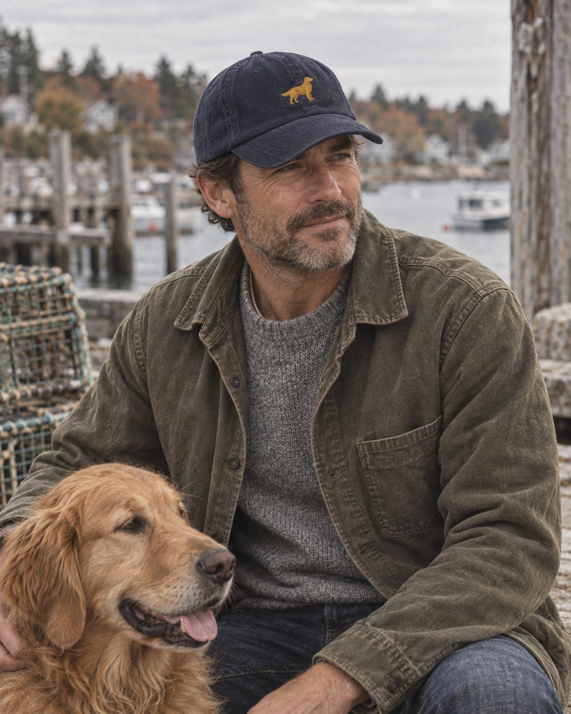 Vintage Navy Corduroy Cap styled at the harbor with a golden retriever