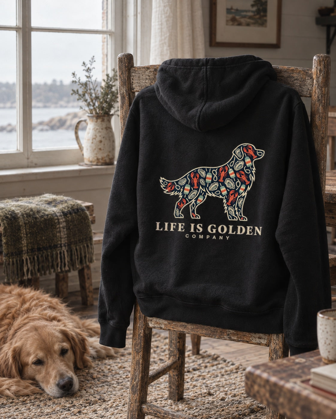 coastal catch hoodie styled in a candid Life Is Golden heritage lifestyle scene