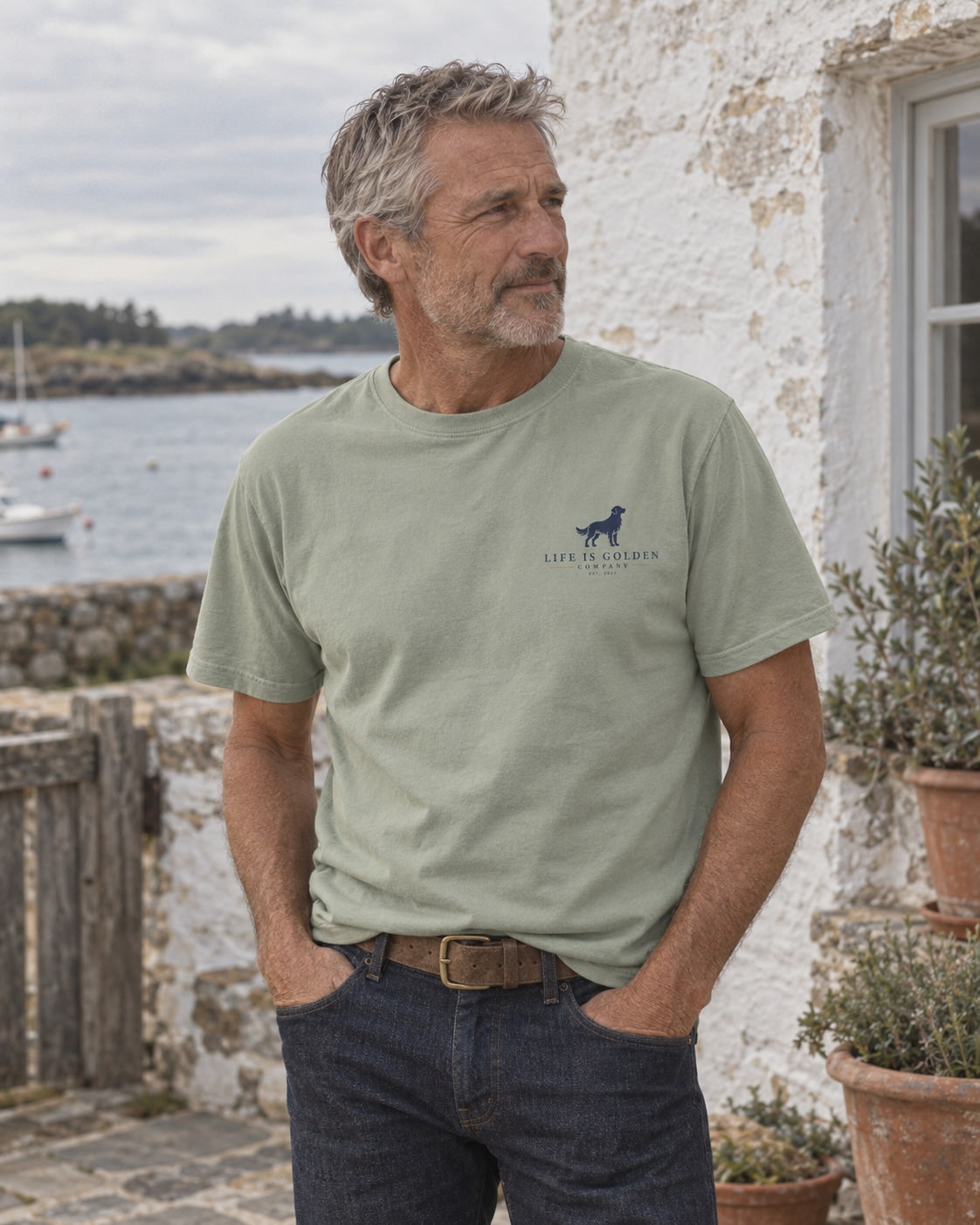 oyster shed lunch heavyweight tee styled in a candid Life Is Golden heritage lifestyle scene