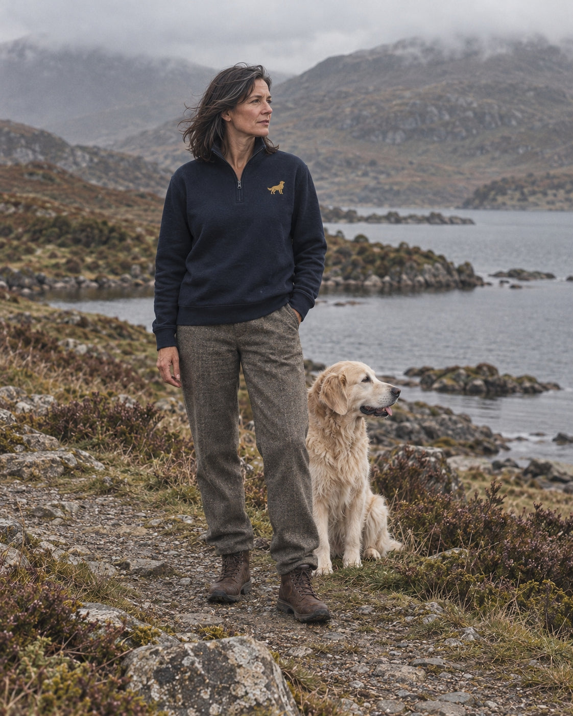Woman wearing the Navy Everyday Golden Quarter Zip beside a golden at a Highland loch