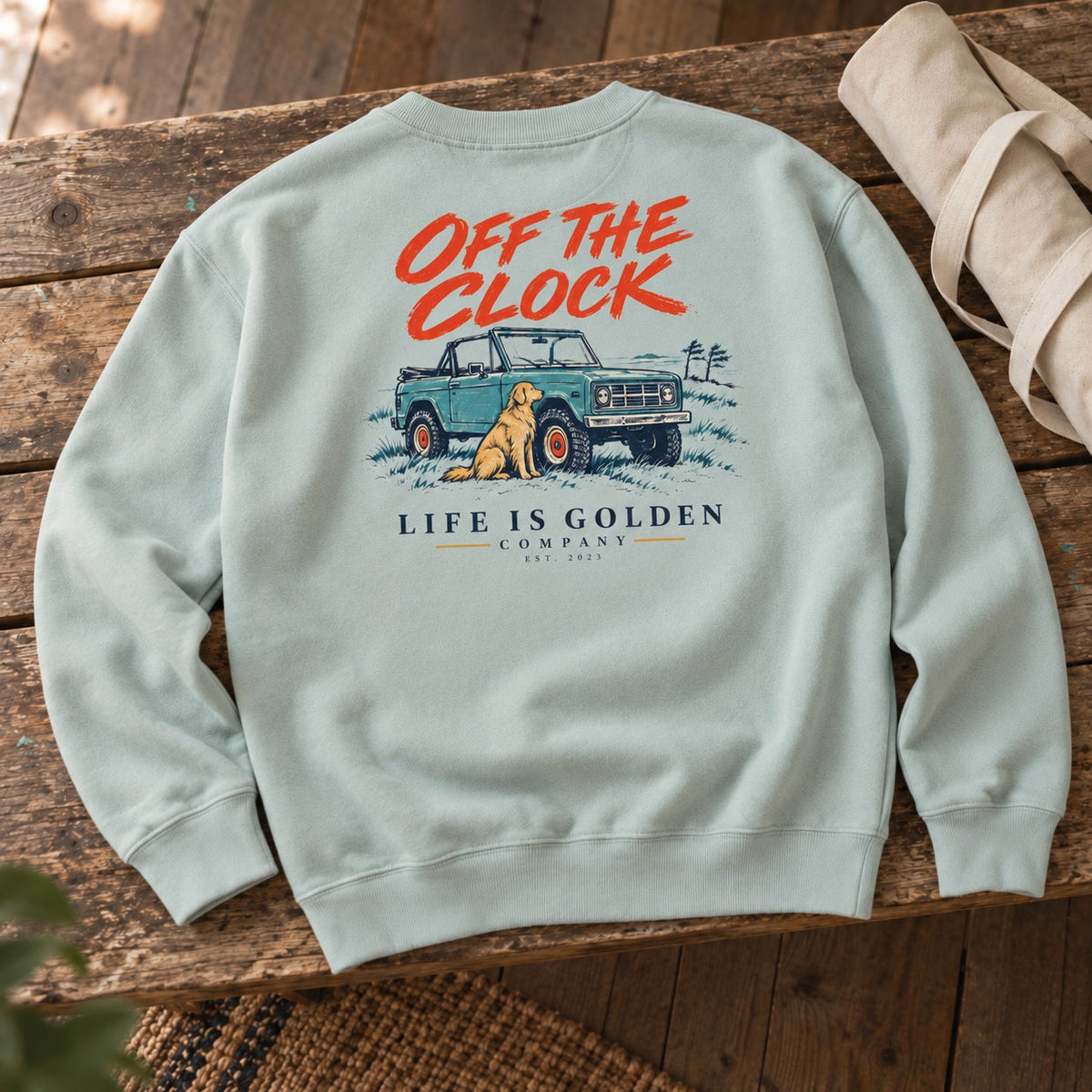 Off the Clock Crewneck — context (revised artwork)