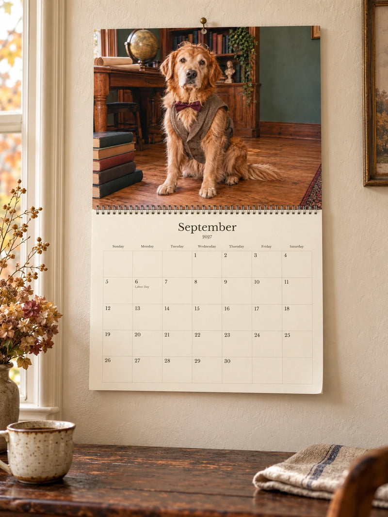 A personalized 2027 dog calendar hanging open above an oak writing desk, with a dog portrait above the September dates