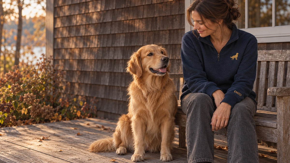 A woman wearing the navy Everyday Golden Quarter Zip with clear ENZO cuff embroidery sits on a wooden bench beside a Golden Retriever on a level porch.