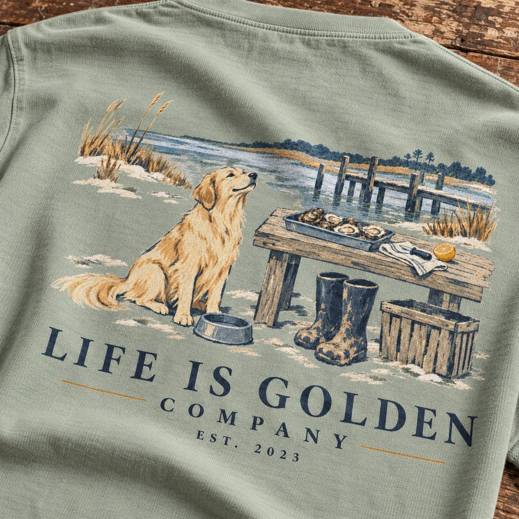 Oyster Shed Lunch Heavyweight Tee — Bay — close-up print and fabric detail