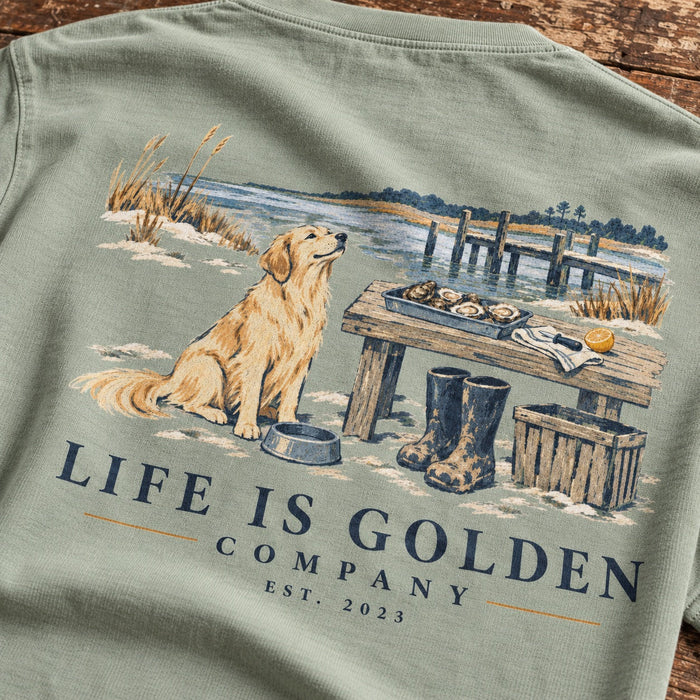 Oyster Shed Lunch Heavyweight Tee — Bay — close-up print and fabric detail