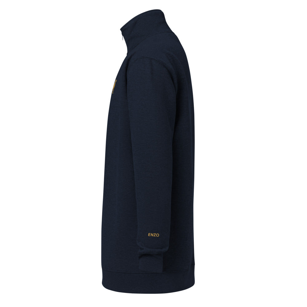 Cotton Heritage M2475 navy — ENZO horizontal left wrist embroidery — native Printful mockup