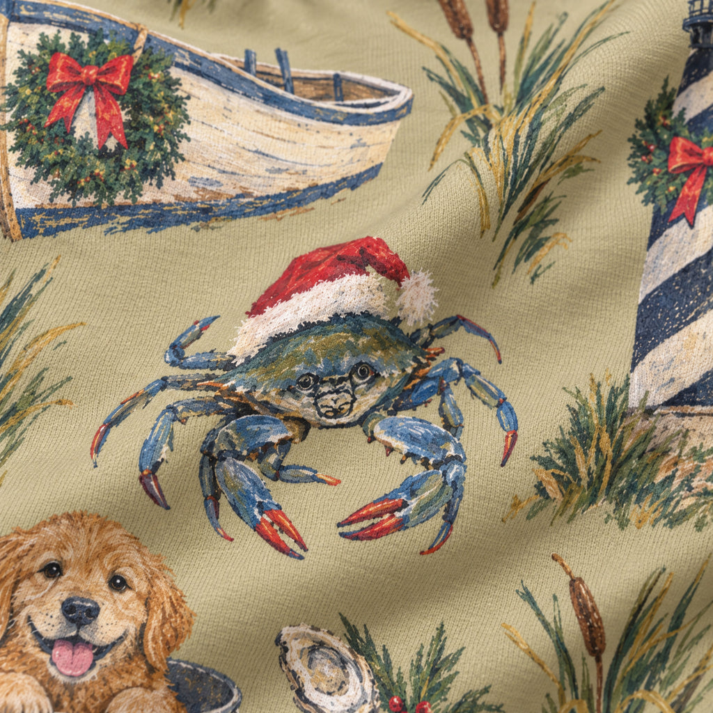 Crab Pot Christmas Wide-Leg Pajama Pants — close-up of the print