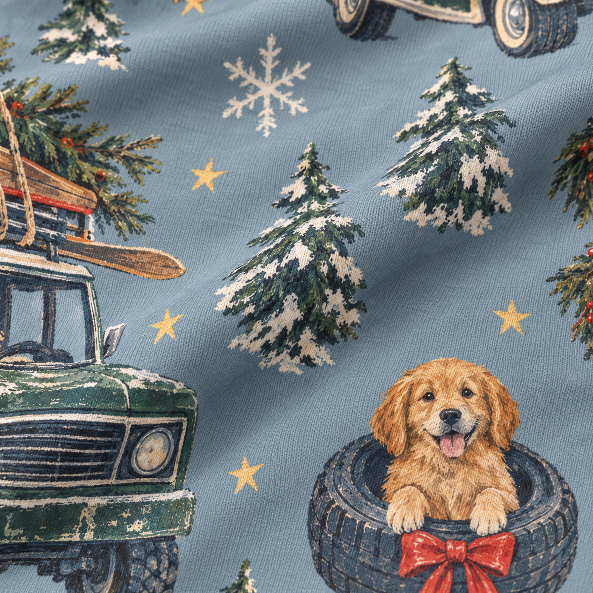 Christmas Convoy Wide-Leg Pajama Pants — close-up of the print