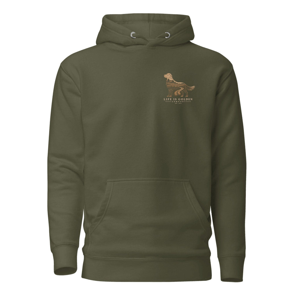 The Homestead Golden Hoodie — Military Green (front)