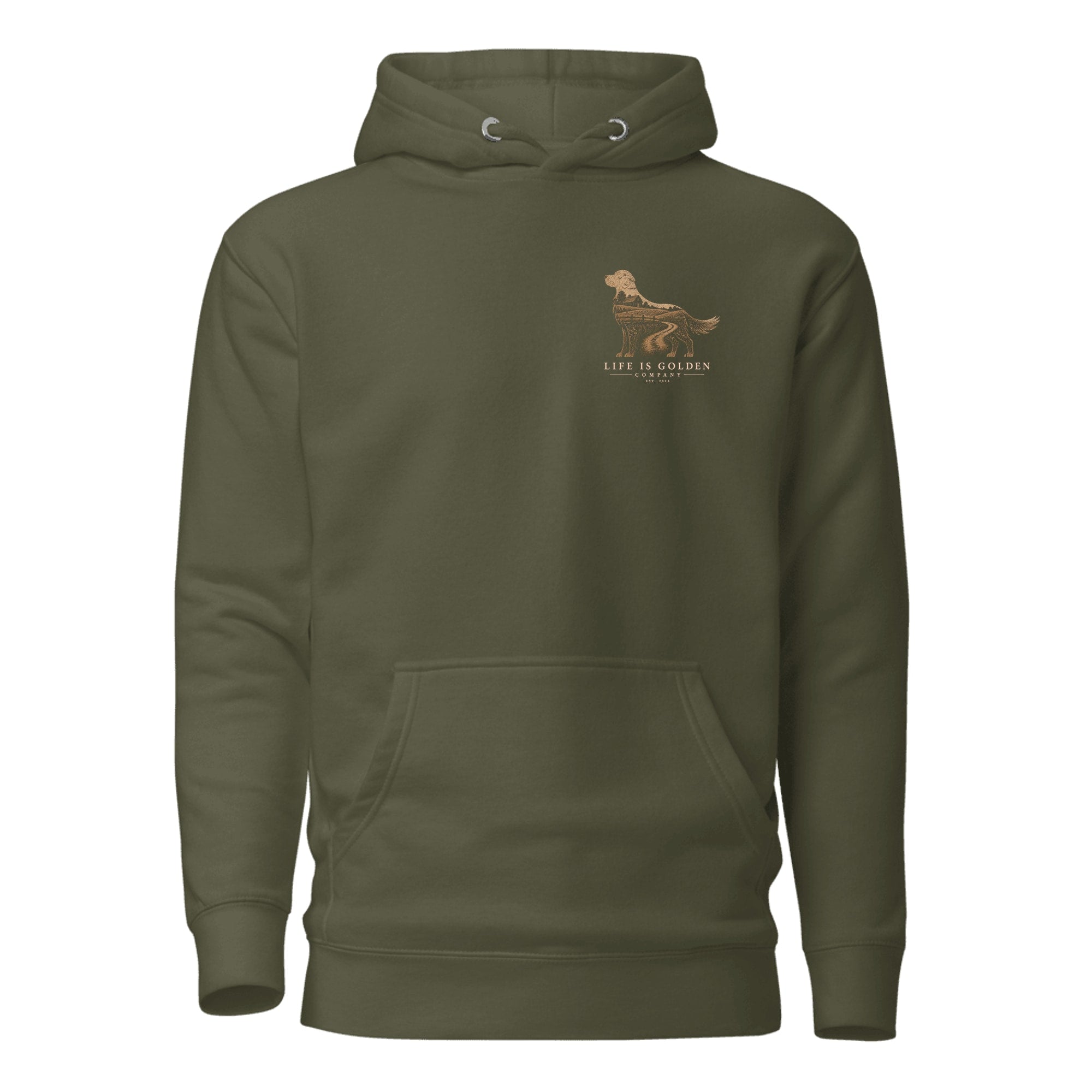 The Homestead Golden Hoodie — Military Green (front)