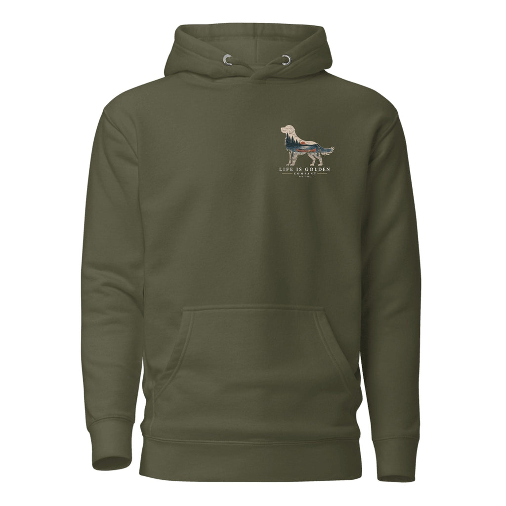 The Still Water Golden Hoodie — Military Green (front)