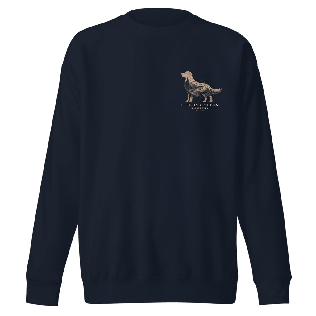 The Riverbend Golden Crewneck — Navy Blazer (front)