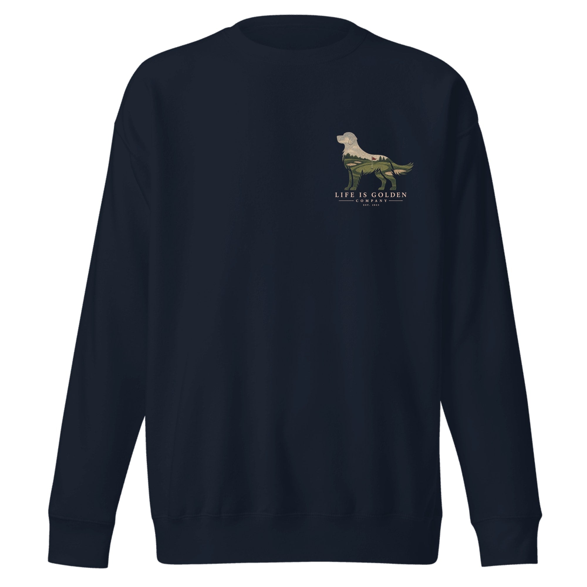The Fairway Golden Crewneck — Navy Blazer (front)