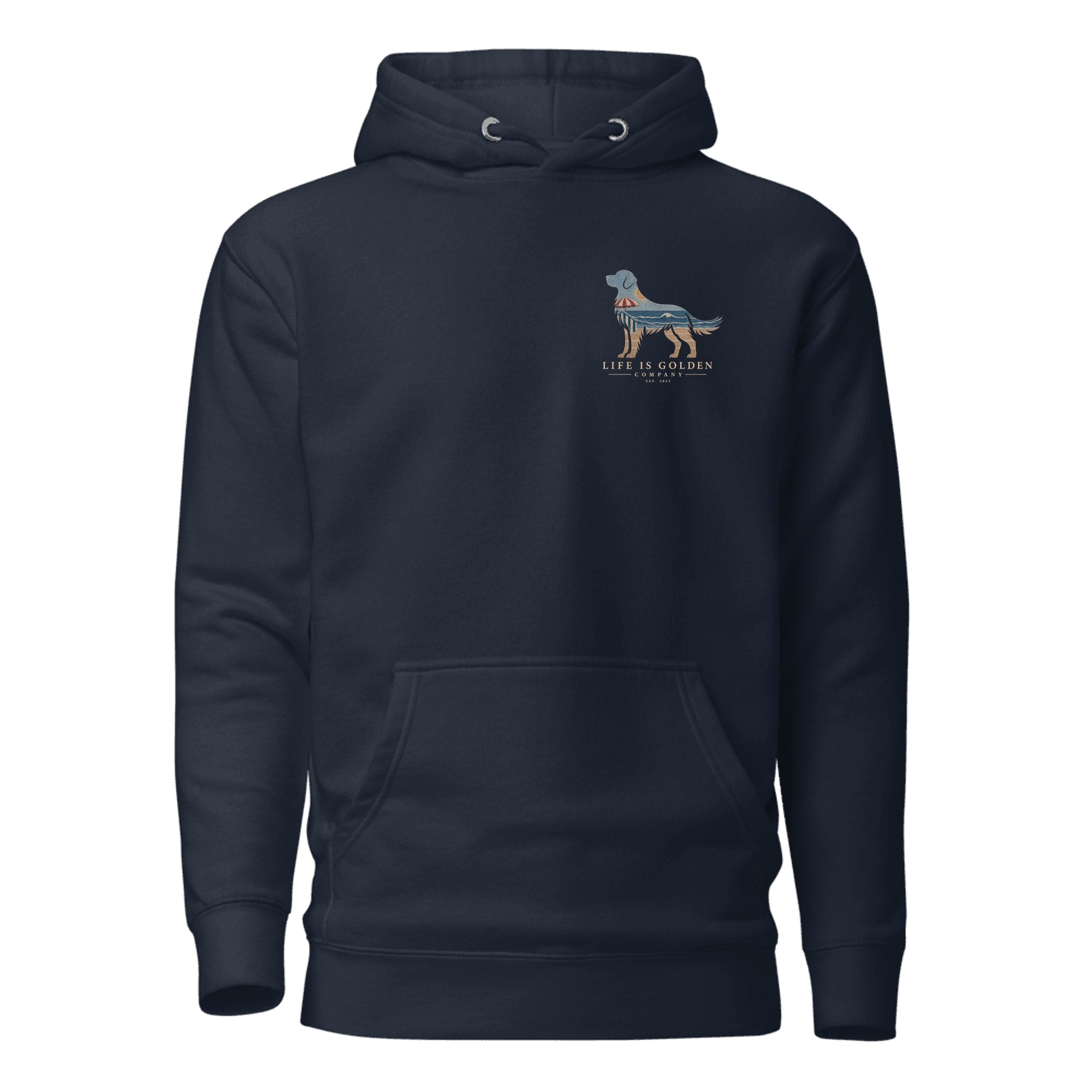 The Beach Day Golden Hoodie — Navy Blazer (front)