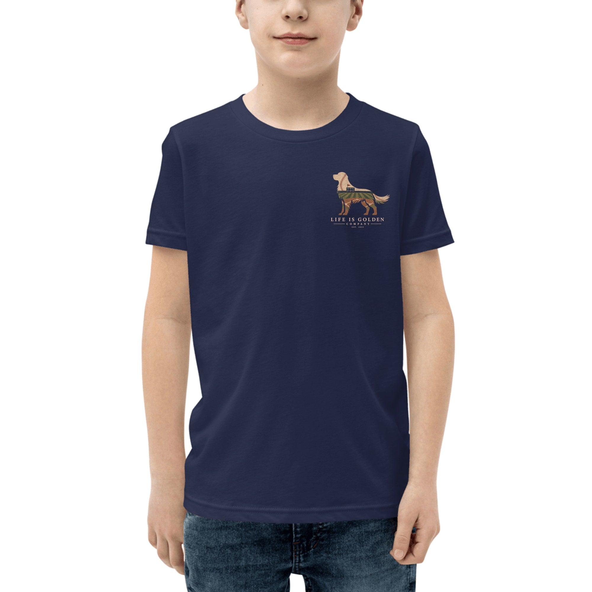 The Home Team Golden Youth Tee — Navy (front)