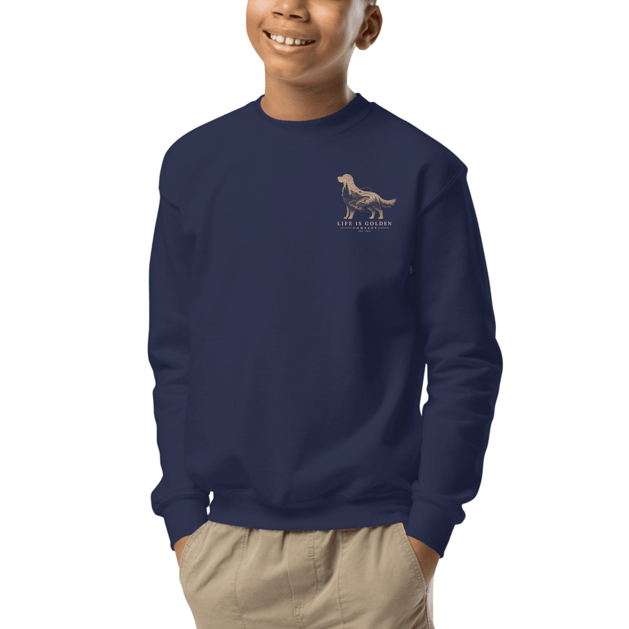 The Riverbend Golden Youth Crewneck — Navy (front)