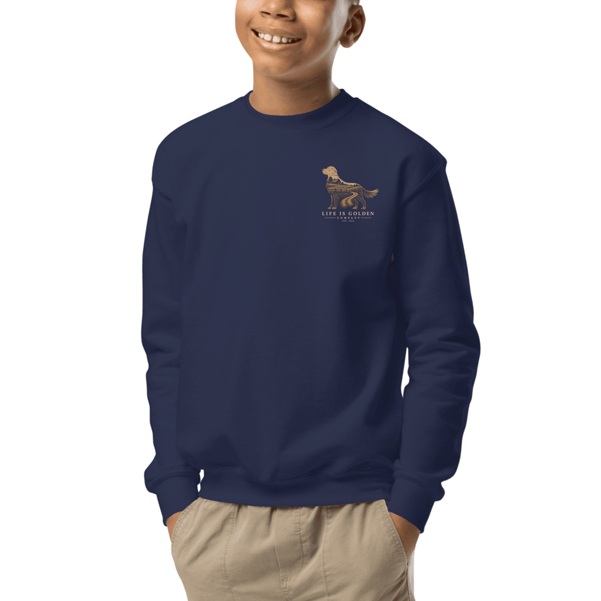 The Homestead Golden Youth Crewneck — Navy (front)