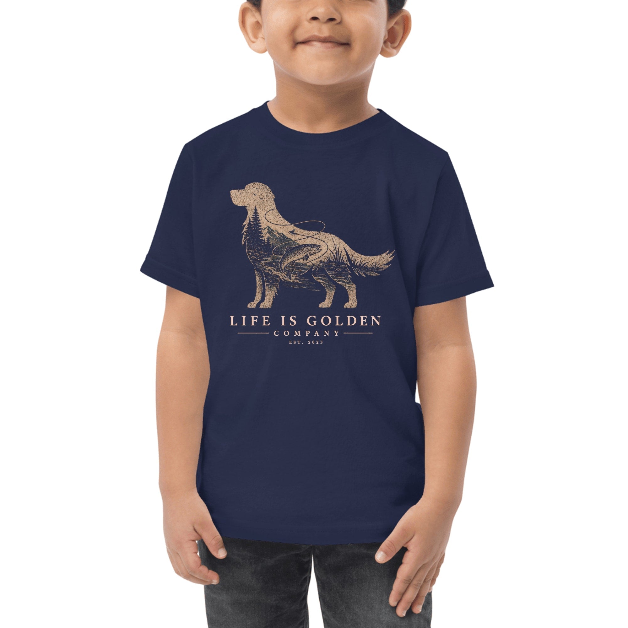 The Riverbend Golden Toddler Tee — Navy