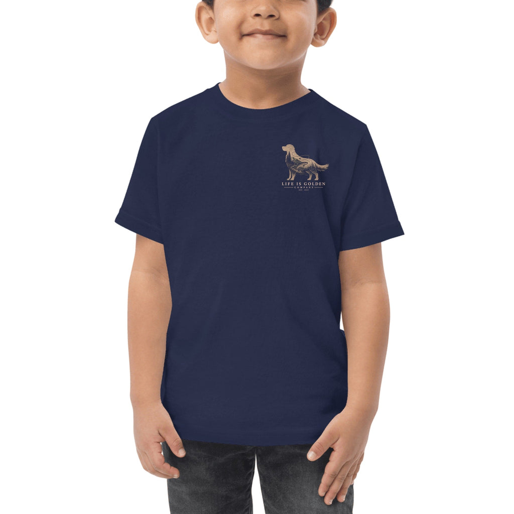 The Riverbend Golden Toddler Tee — Navy (front)