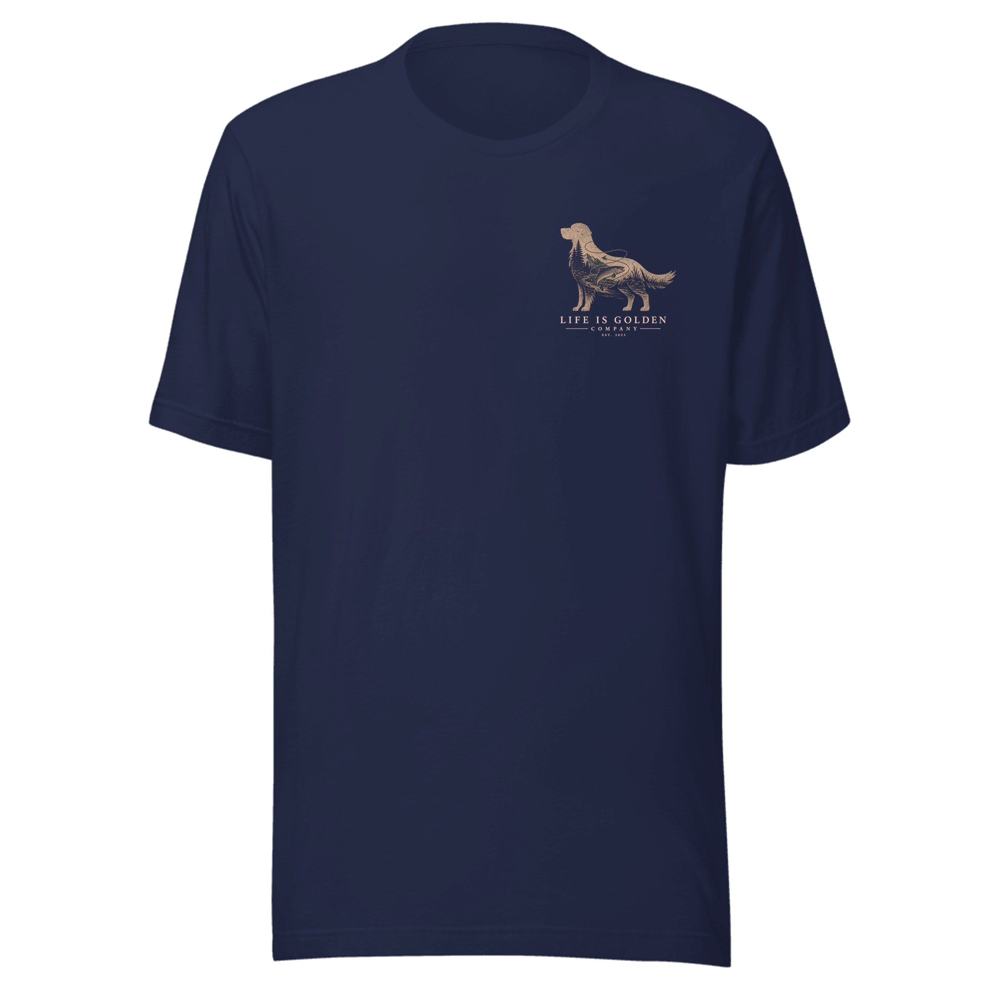 The Riverbend Golden Tee — Navy (front)