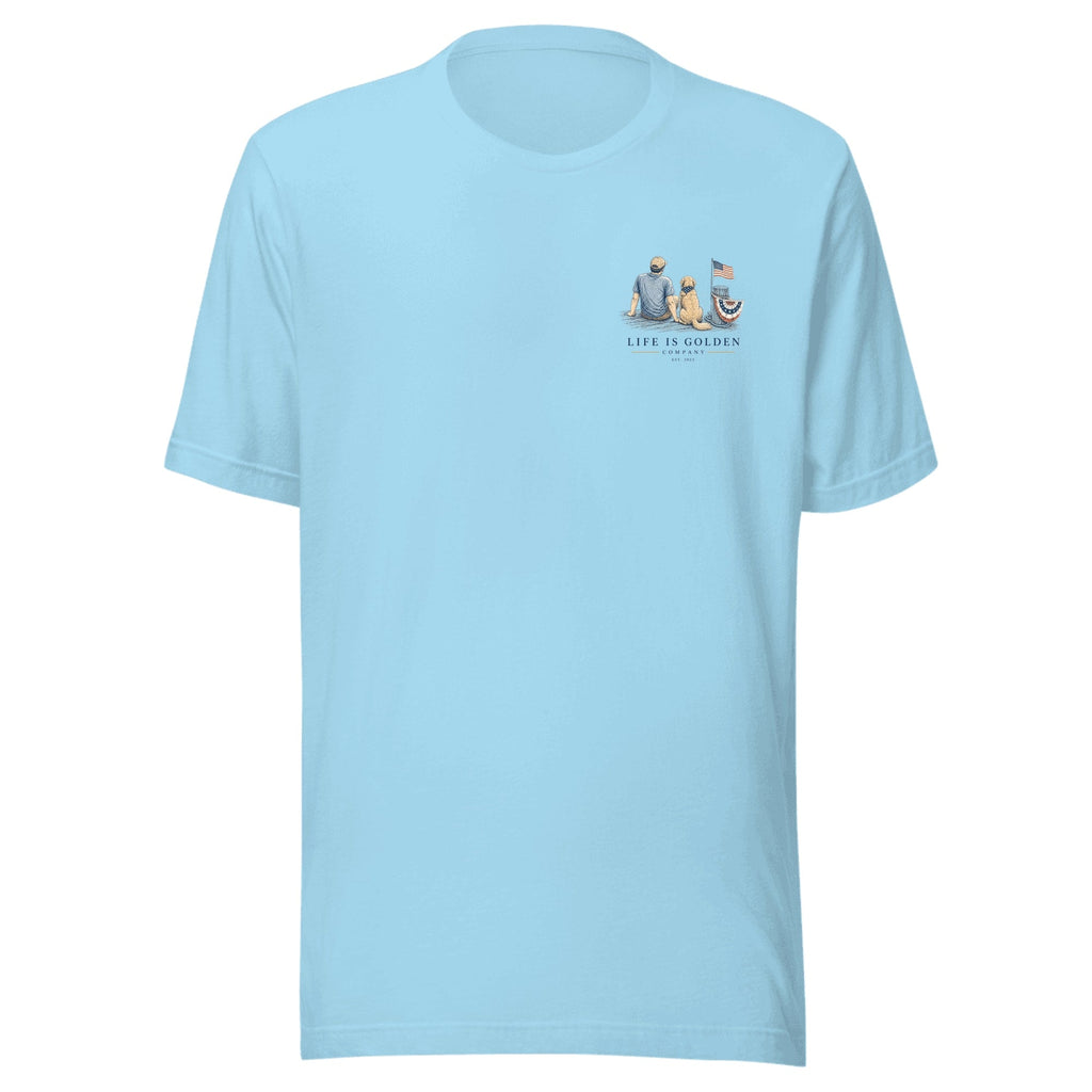 The Dock Parade Tee — Ocean Blue (front)