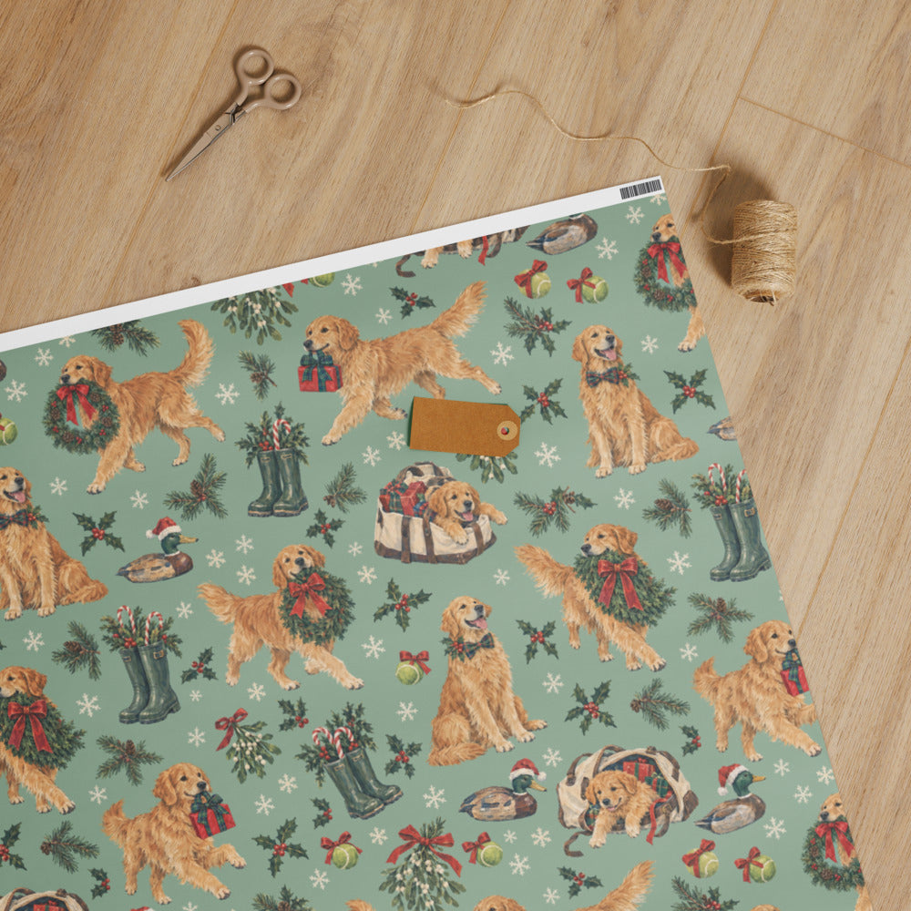 Retrieving Christmas Wrapping Paper — unrolled on the table with scissors, twine and a gift tag