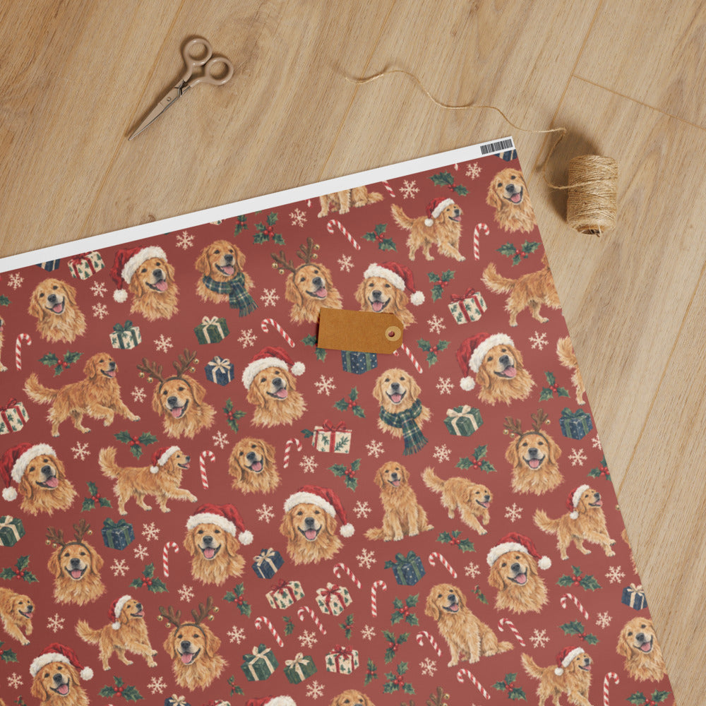 Santa Paws Wrapping Paper — unrolled on the table with scissors, twine and a gift tag