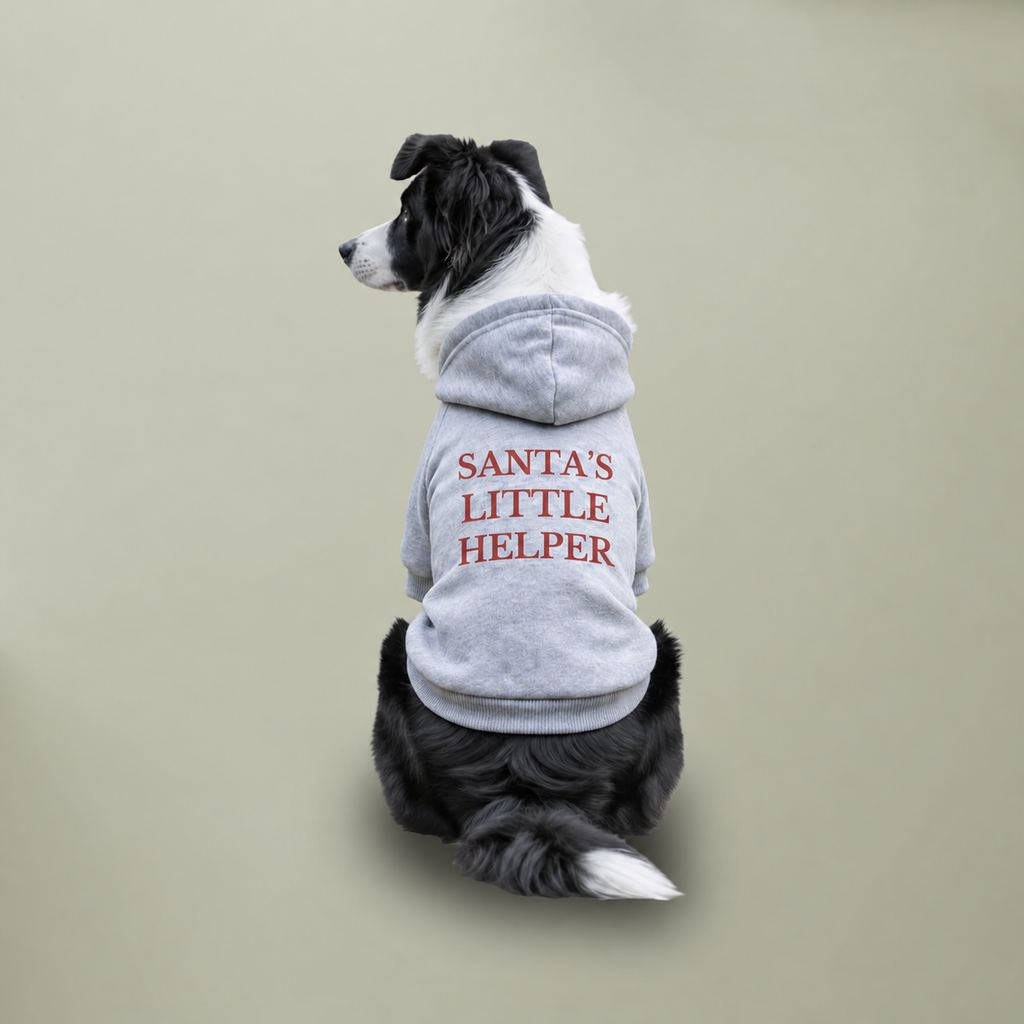 Santa’s Little Helper on the actual grey supplier hoodie — illustrative design mockup