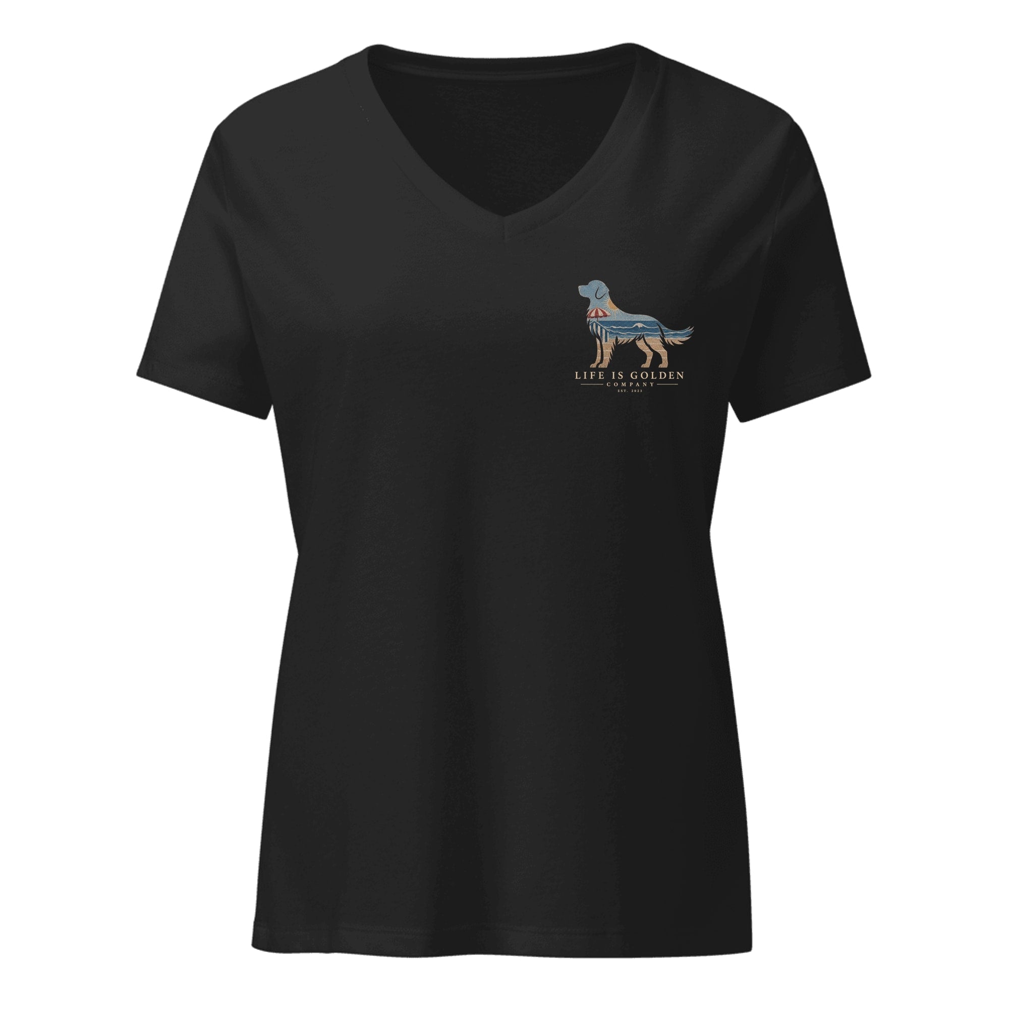 The Beach Day Golden Women's V-Neck — Solid Black Blend (front)