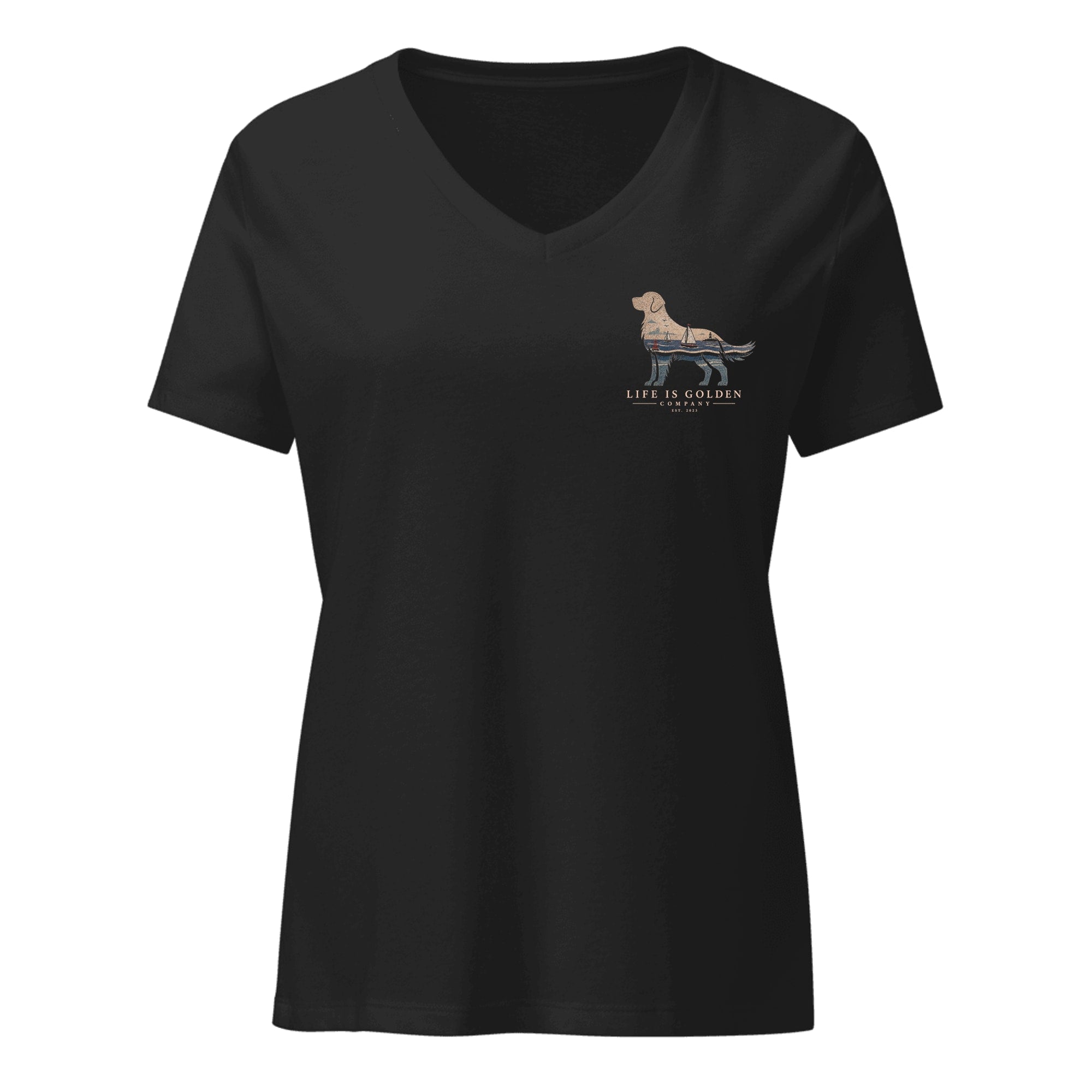 The Harborside Golden Tee — Women's V-Neck — Solid Black Blend (front)