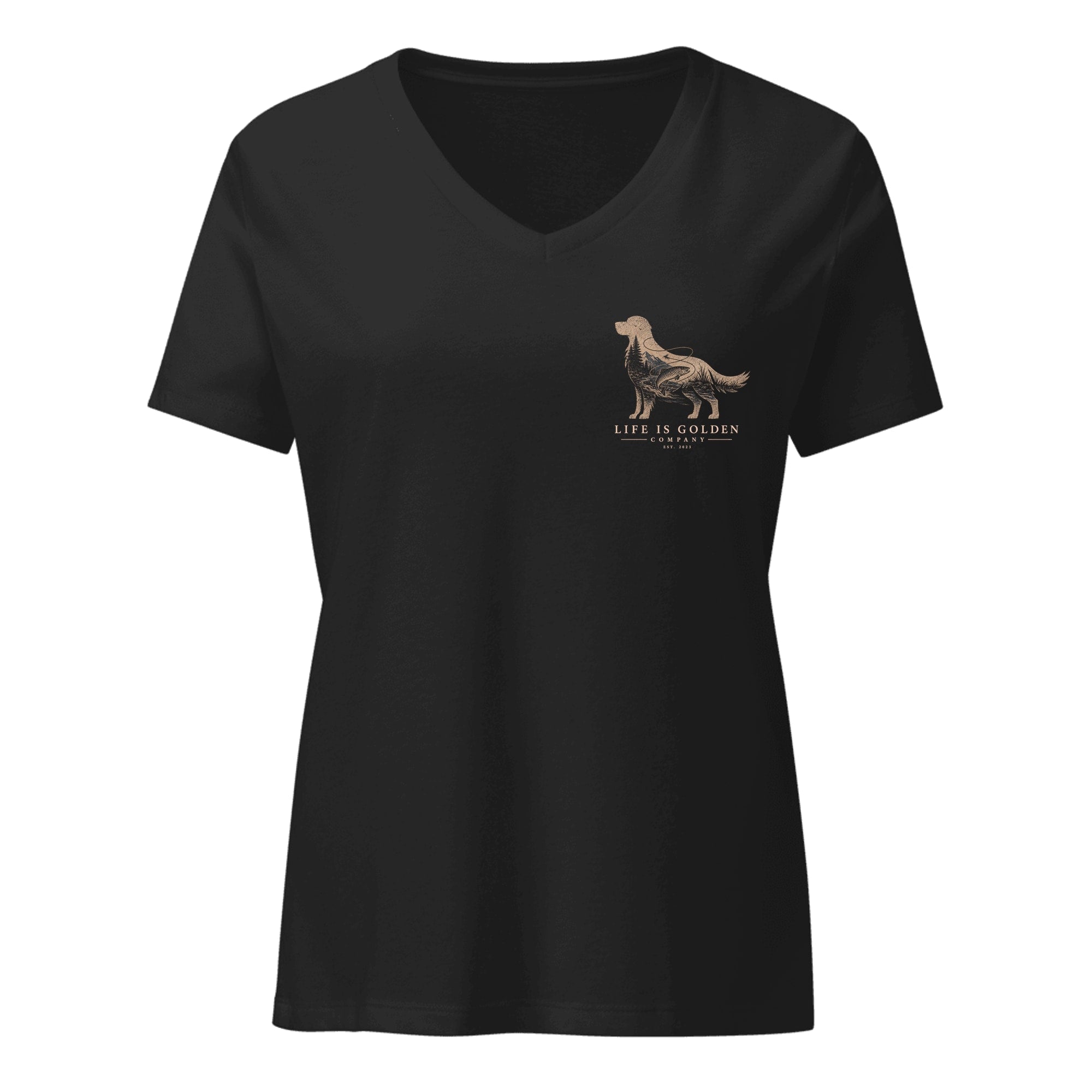 The Riverbend Golden Women's V-Neck — Solid Black Blend (front)