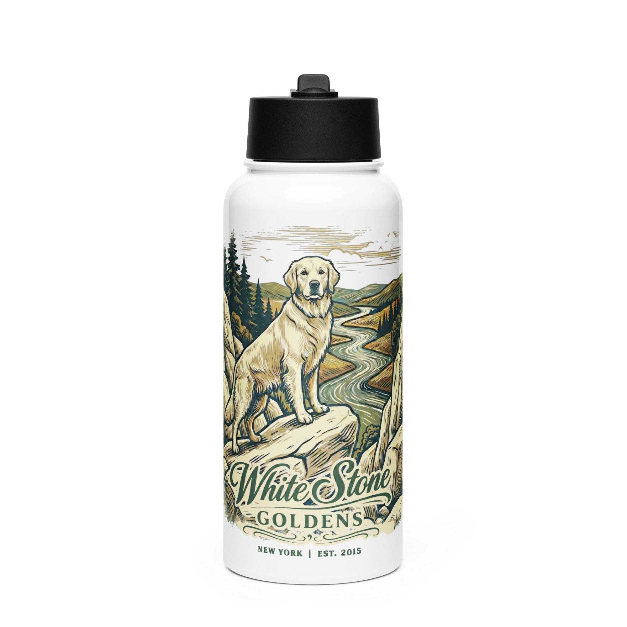 White Stone Goldens Stainless steel water bottle with a straw lid