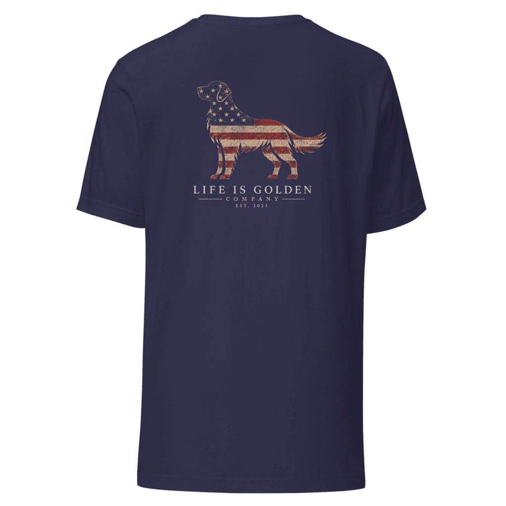 Stars & Stripes Golden Retriever Tee — Heather Midnight Navy