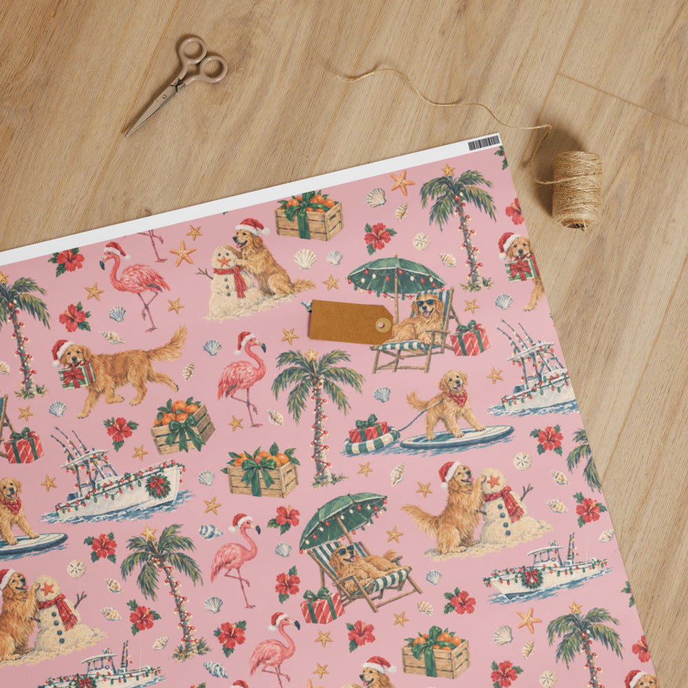 Sunshine State Santa Wrapping Paper — unrolled on the table with scissors, twine and a gift tag