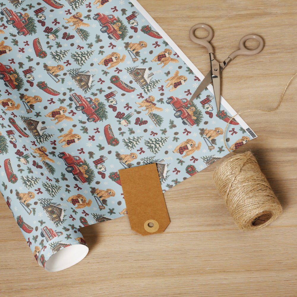 Tree Farm Christmas Wrapping Paper — the roll with scissors and twine