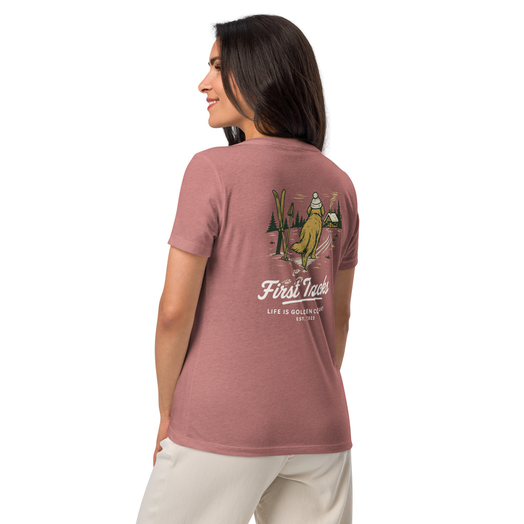 First Tracks - Golden Retriever Edition Women’s relaxed v-neck t-shirt