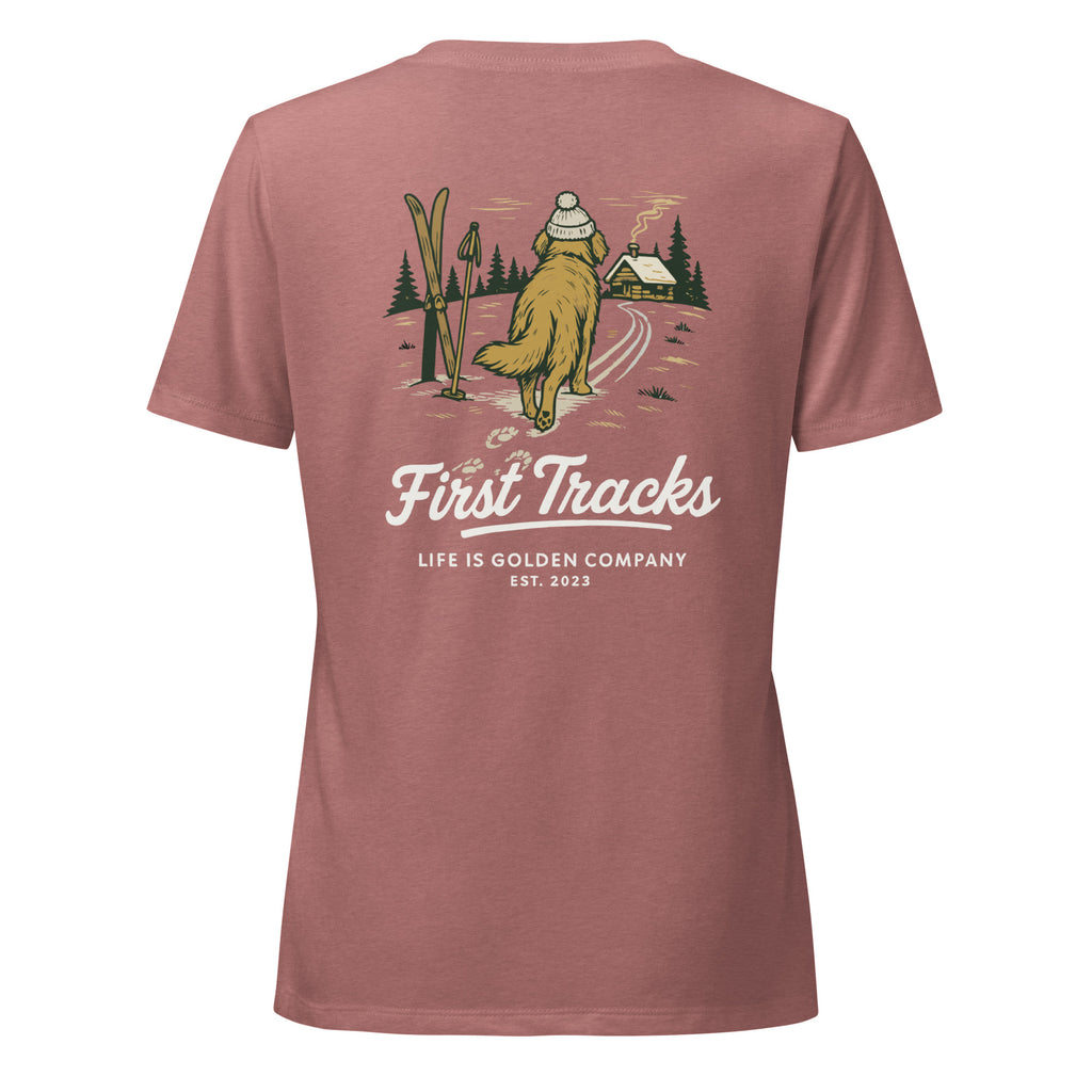 First Tracks - Golden Retriever Edition Women’s relaxed v-neck t-shirt