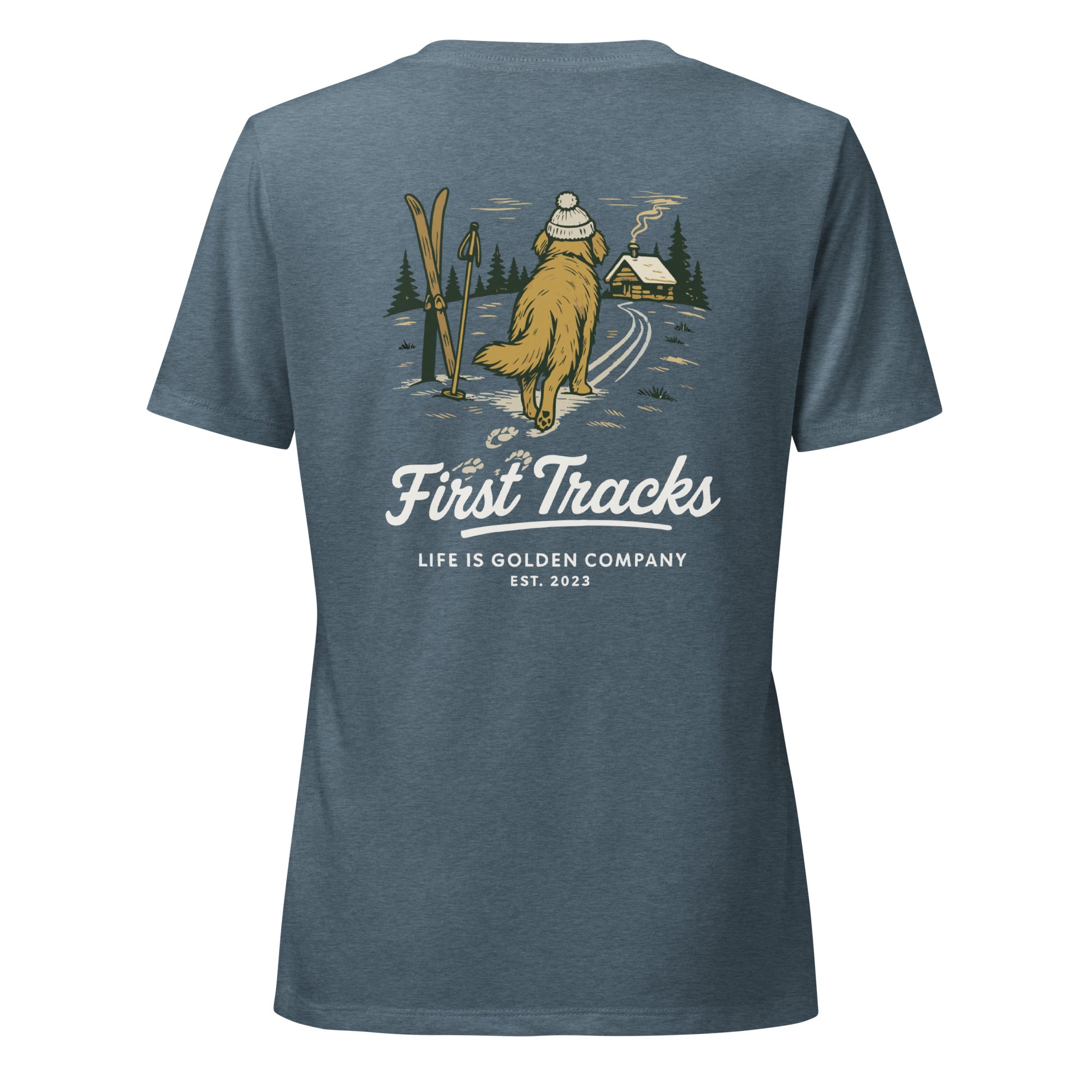 First Tracks - Golden Retriever Edition Women’s relaxed v-neck t-shirt