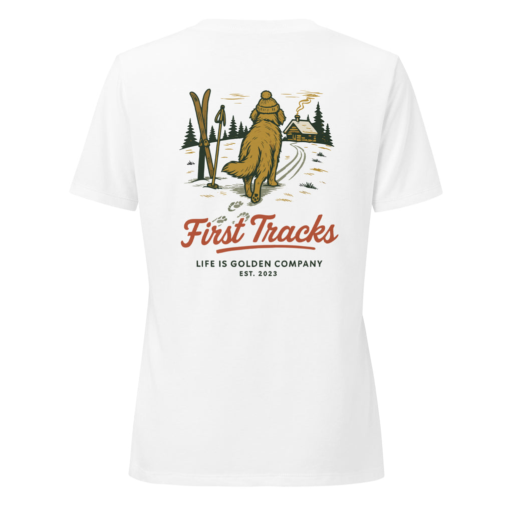First Tracks - Golden Retriever Edition Women’s relaxed v-neck t-shirt