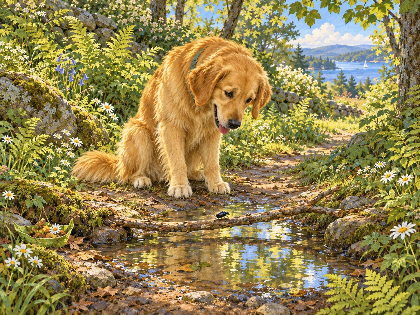 Max helps a beetle cross a puddle