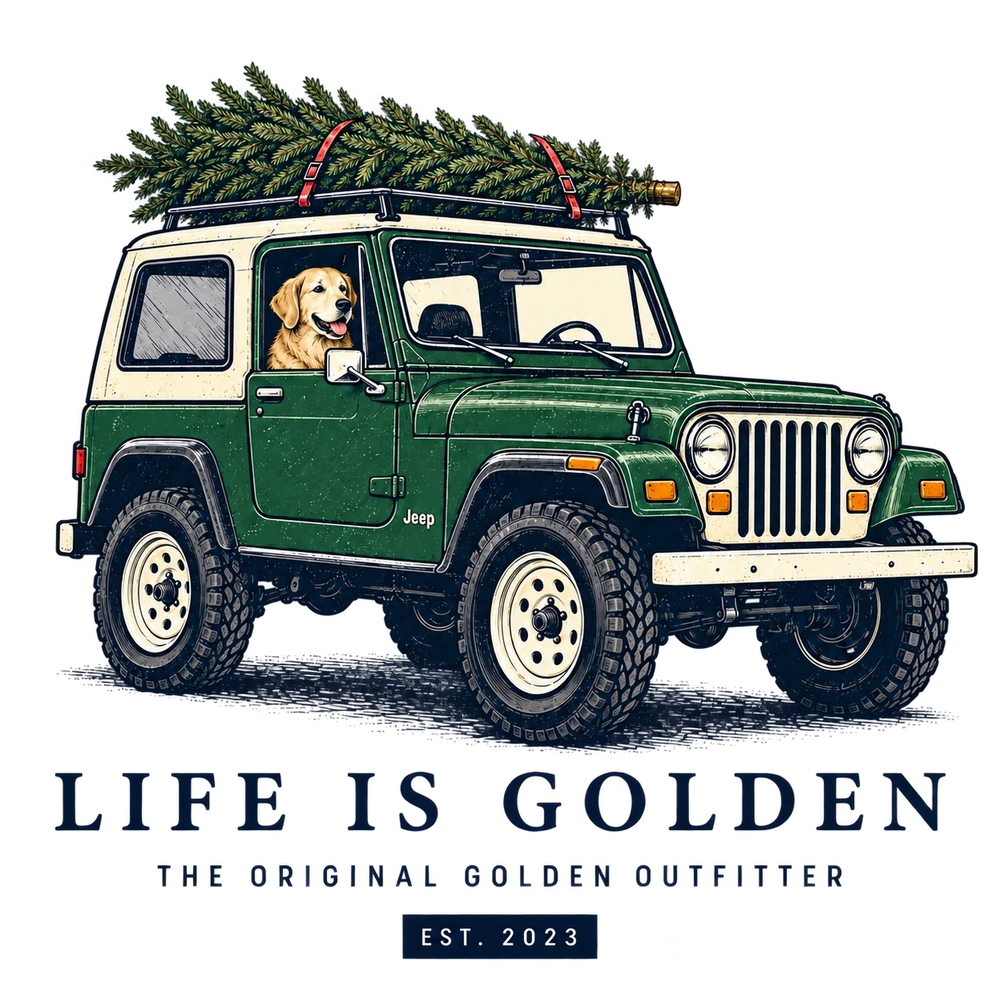 Christmas Tree Run example: a dog in a green Jeep with a tree on the roof
