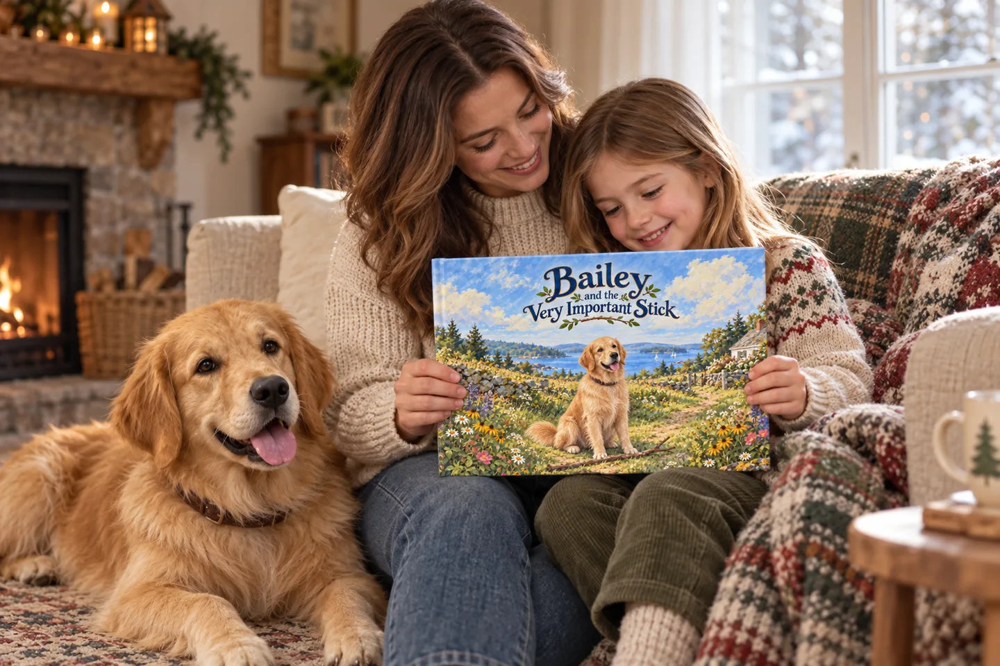 Illustrative personalized storybook scene with a parent, child and their golden retriever
