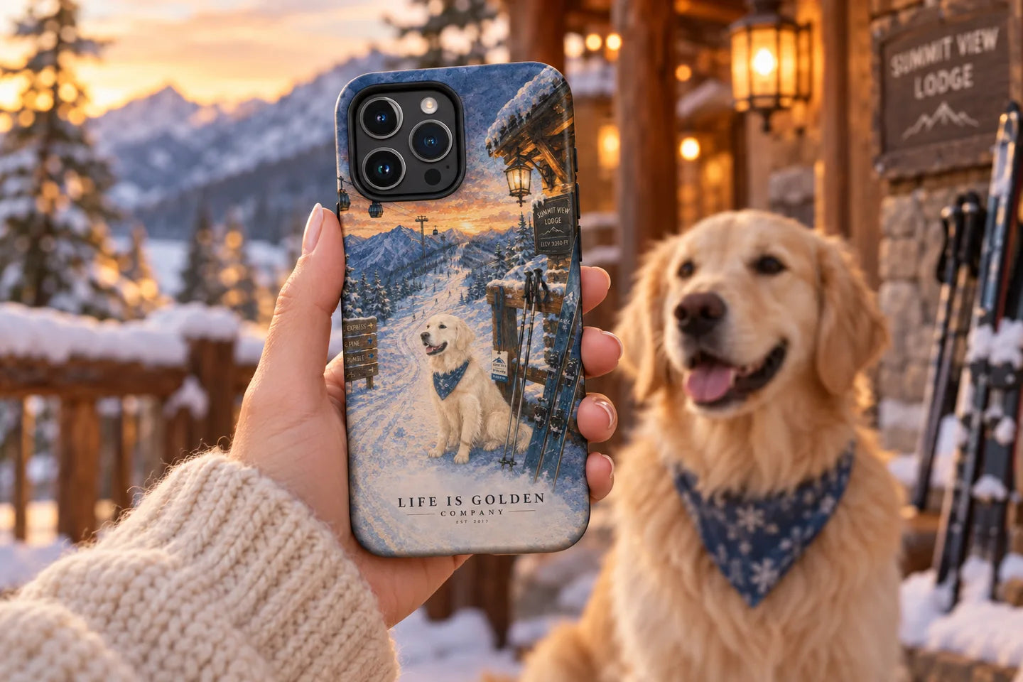 Illustrative Ski Lodge phone case scene with a golden retriever at a snowy cabin