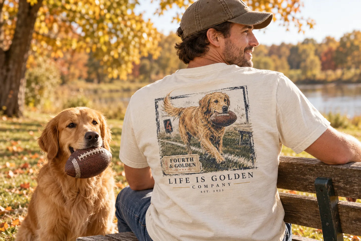 Illustrative scene of a man wearing the football dog tee beside a golden retriever holding a football