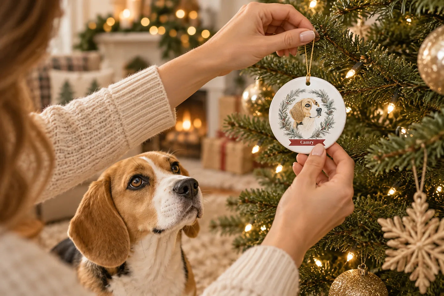 Illustrative scene of a personalized Camry dog ornament being hung on a Christmas tree with a beagle nearby