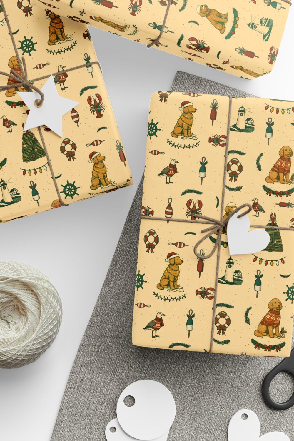 New England Coastal Christmas Gift Wrap Paper - Golden Doodle Edition