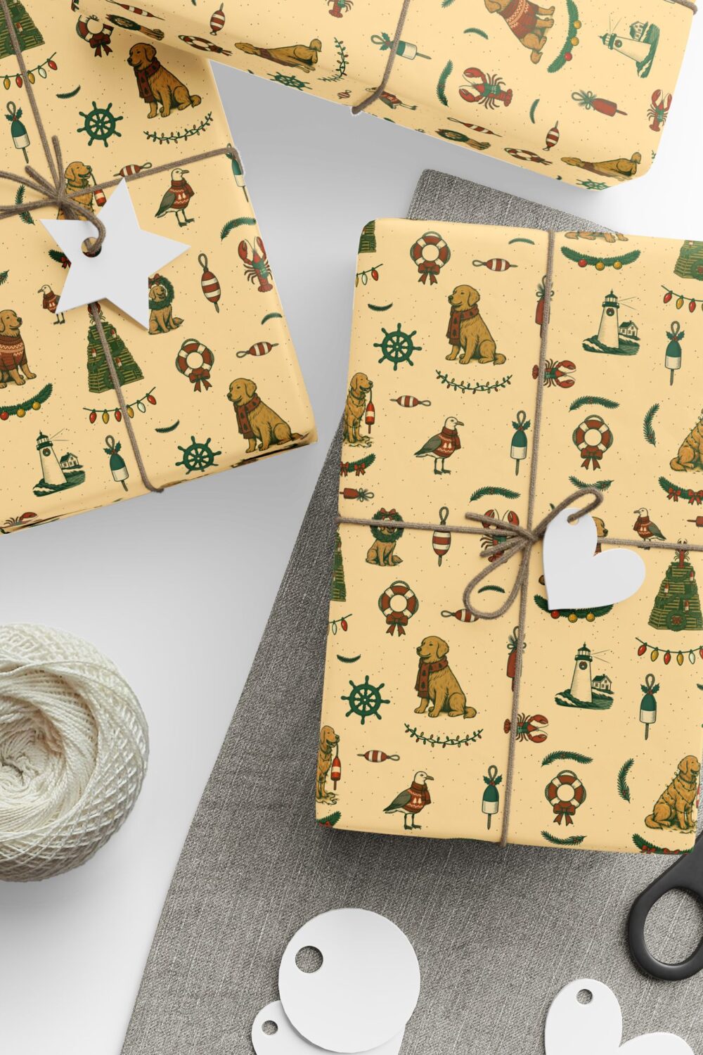 New England Coastal Holiday Gift Wrap Paper - Golden Retriever Edition