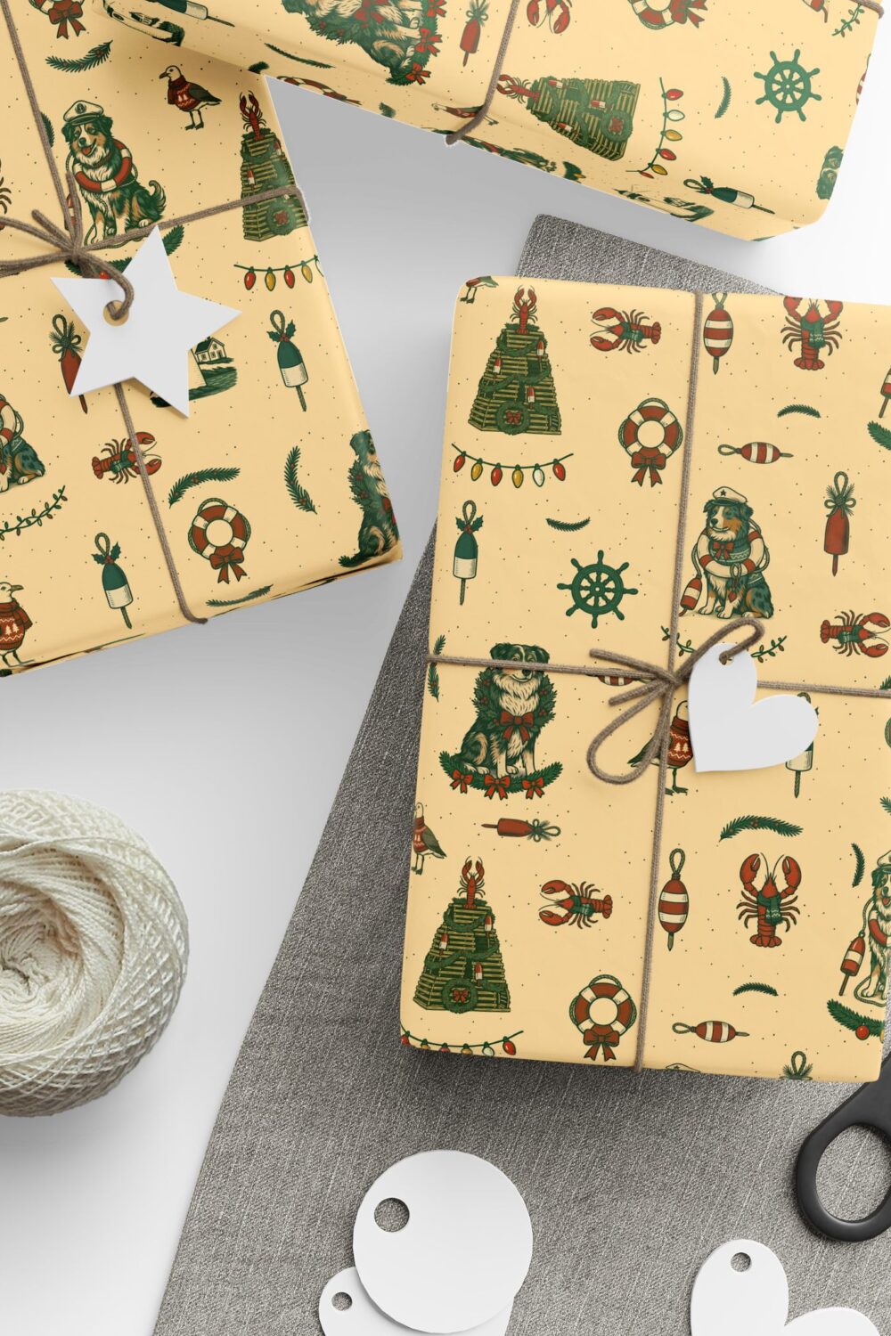 New England Coastal Christmas Gift Wrap Paper - Australian Shepherd Edition